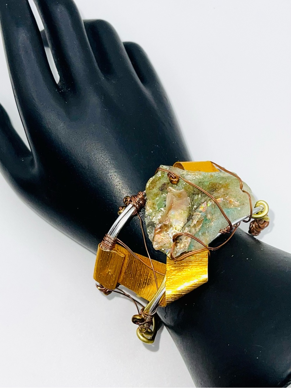 Artisan Handcrafted Wire Wrapped Green Aura Quartz Cuff Bracelet Silver Copper
